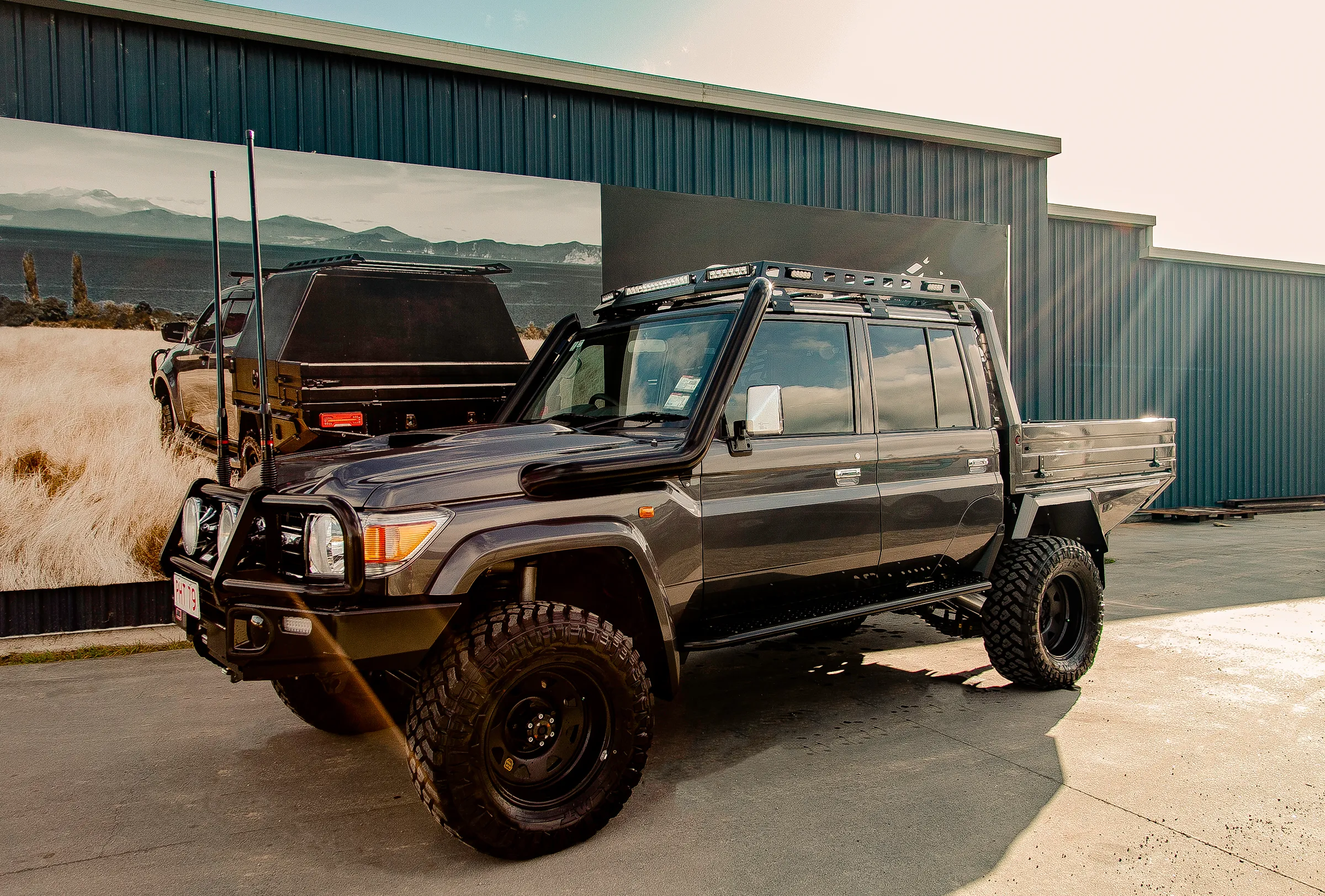 CPS custom alloy flat deck fitted to an off-road ute outside the Taupō workshop